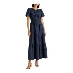 Quince Women's Organic Cotton Poplin Tiered Maxi Dress Medium Navy Blue NWT